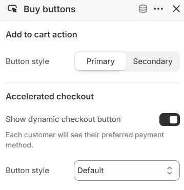 Buy buttons block settings for the Featured product section in the Fragrance Shop Shopify theme editor