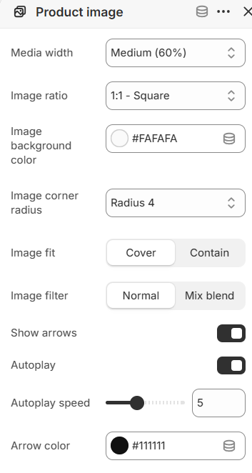 Product image block settings for the Featured product section in the Fragrance Shop Shopify theme editor