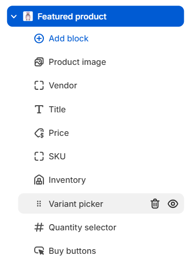 Featured product section and blocks in the Fragrance Shop theme editor