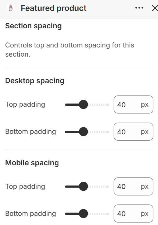 Featured product section spacing settings in the Fragrance Shop Shopify theme editor