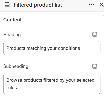 Filtered product list content settings in the Fragrance Shop Shopify theme editor
