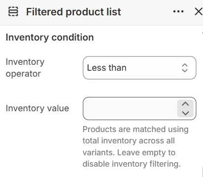 Inventory condition settings for the Filtered product list section in the Fragrance Shop Shopify theme editor