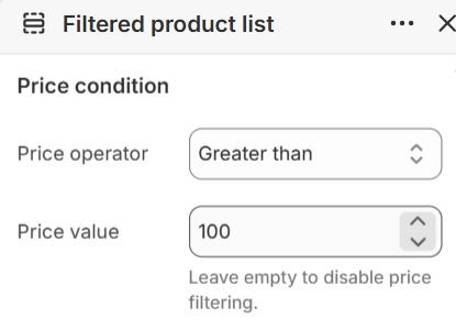 Price condition settings for the Filtered product list section in the Fragrance Shop Shopify theme editor
