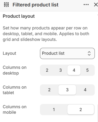 Product layout settings for the Filtered product list section in the Fragrance Shop Shopify theme editor