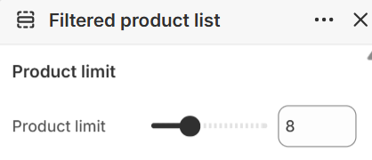 Product limit settings for the Filtered product list section in the Fragrance Shop Shopify theme editor