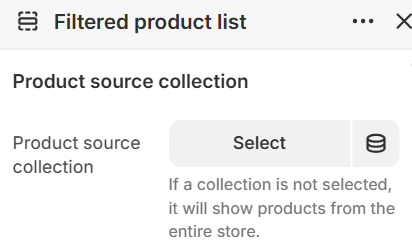 Product source collection settings for the Filtered product list section in the Fragrance Shop Shopify theme editor