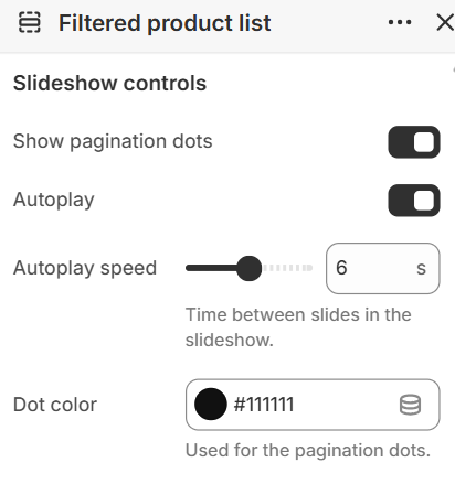 Slideshow controls settings for the Filtered product list section in the Fragrance Shop Shopify theme editor