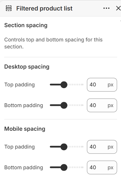 Filtered product list section spacing settings in the Fragrance Shop Shopify theme editor