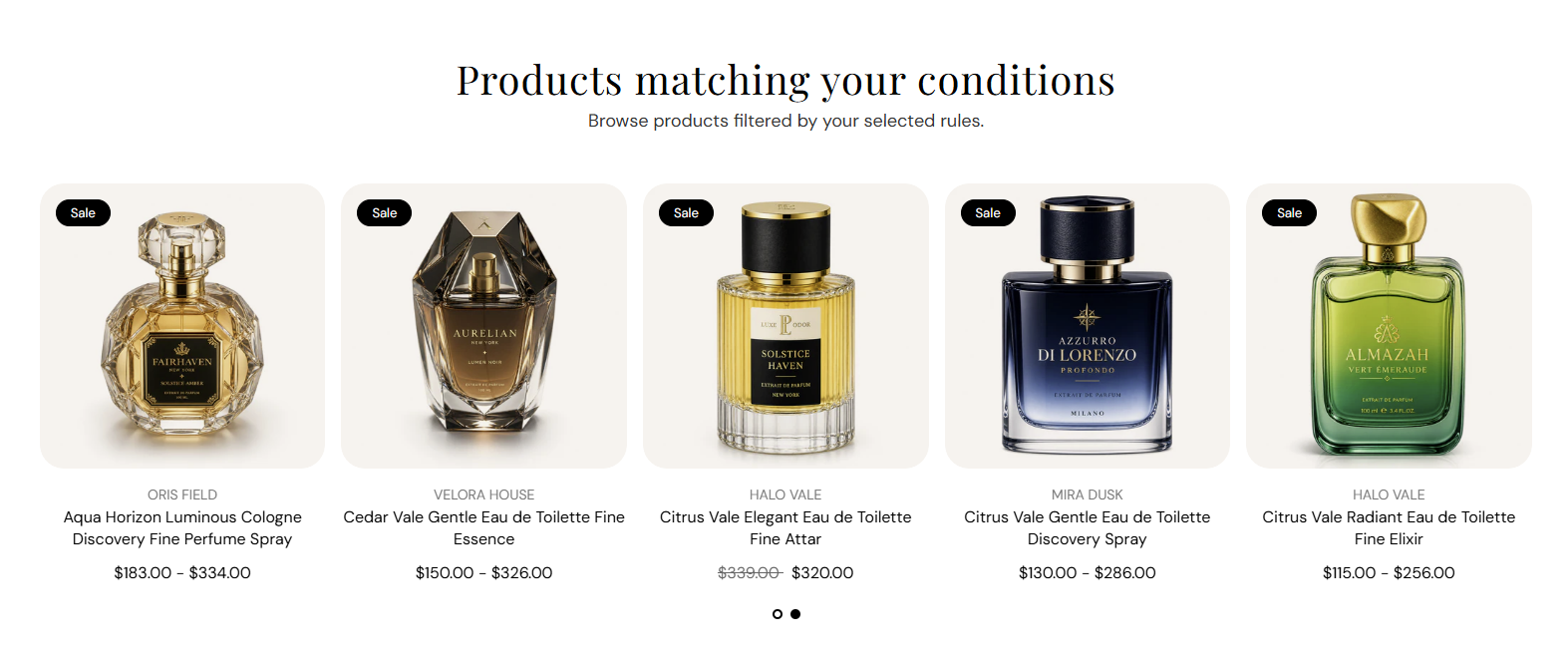 Filtered product list section preview on the Fragrance Shop storefront