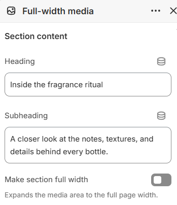 Full-width media section content settings in the Fragrance Shop Shopify theme editor