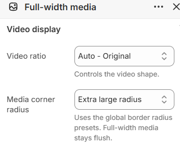 Full-width media video display settings in the Fragrance Shop Shopify theme editor