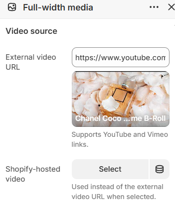 Full-width media video source settings in the Fragrance Shop Shopify theme editor