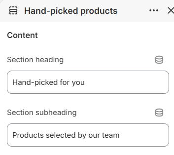 Hand-picked products content settings in the Fragrance Shop Shopify theme editor