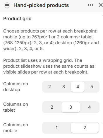 Hand-picked products grid column settings in the Fragrance Shop Shopify theme editor
