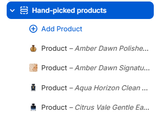 Hand-picked products section and Product blocks in the Fragrance Shop theme editor