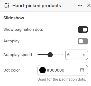 Hand-picked products slideshow settings in the Fragrance Shop Shopify theme editor
