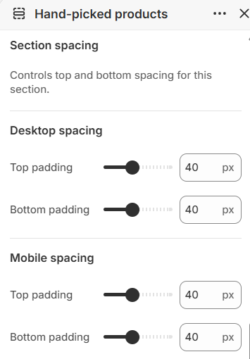 Hand-picked products section spacing settings in the Fragrance Shop Shopify theme editor