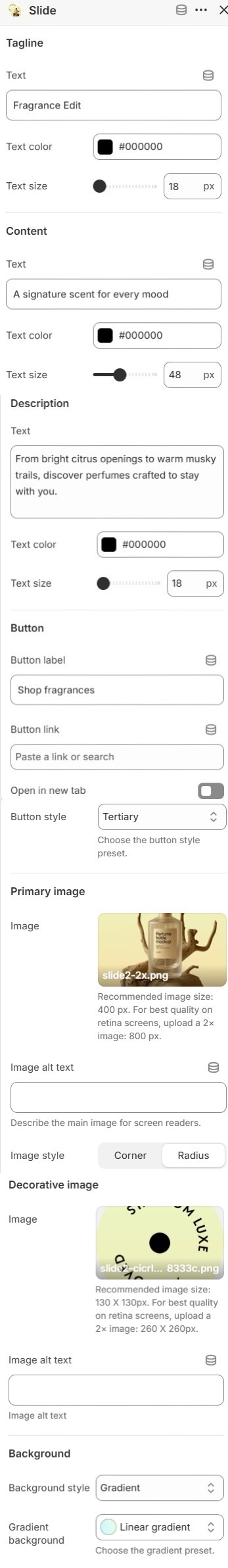Slide block settings for the Hero slideshow section in the Fragrance Shop Shopify theme editor
