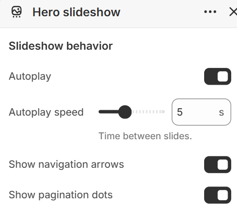 Hero slideshow behavior settings in the Fragrance Shop Shopify theme editor
