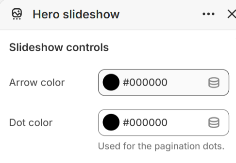 Hero slideshow arrow and dot color settings in the Fragrance Shop Shopify theme editor