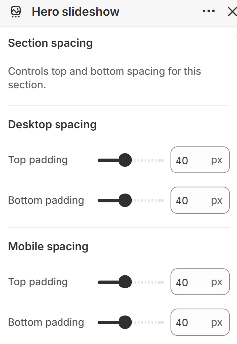 Hero slideshow section spacing settings in the Fragrance Shop Shopify theme editor