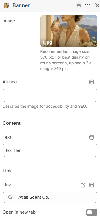 Banner block settings for the Image banner grid section in the Fragrance Shop Shopify theme editor