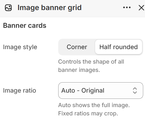 Image banner grid image style and ratio settings in the Fragrance Shop Shopify theme editor