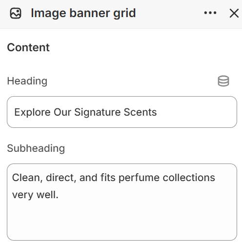 Image banner grid heading and subheading settings in the Fragrance Shop Shopify theme editor
