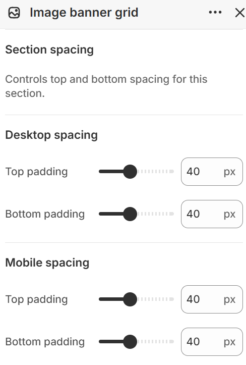 Image banner grid section spacing settings in the Fragrance Shop Shopify theme editor