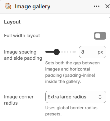 Image gallery layout settings in the Fragrance Shop Shopify theme editor