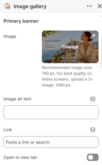 Image gallery Primary banner settings in the Fragrance Shop Shopify theme editor