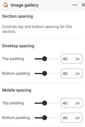 Image gallery section spacing settings in the Fragrance Shop Shopify theme editor