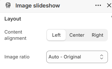 Image slideshow layout settings in the Fragrance Shop Shopify theme editor