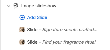 Image slideshow section and Slide blocks in the Shopify theme editor