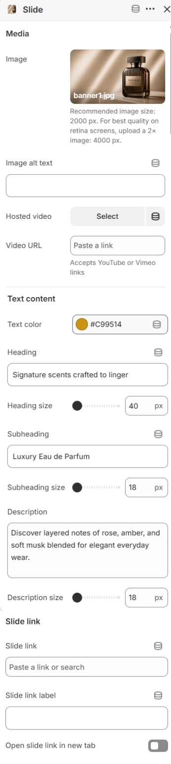 Slide block settings for the Image slideshow section in the Fragrance Shop Shopify theme editor