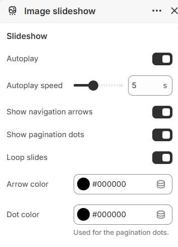 Image slideshow autoplay and navigation settings in the Fragrance Shop Shopify theme editor