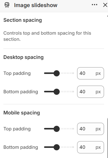 Image slideshow section spacing settings in the Fragrance Shop Shopify theme editor