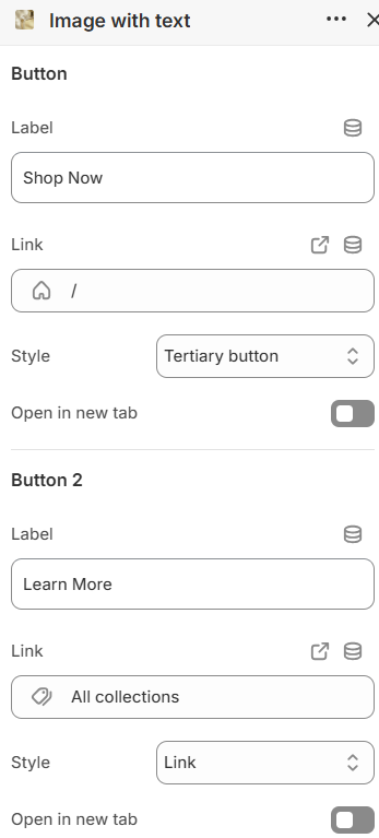 Image with text Button and Button 2 settings in the Fragrance Shop Shopify theme editor