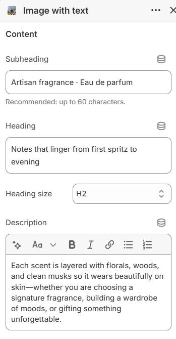 Image with text content settings in the Fragrance Shop Shopify theme editor