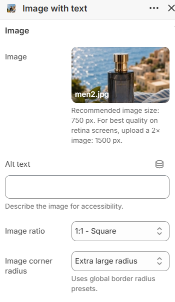Image with text image settings in the Fragrance Shop Shopify theme editor