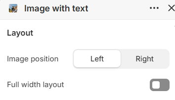 Image with text layout settings in the Fragrance Shop Shopify theme editor