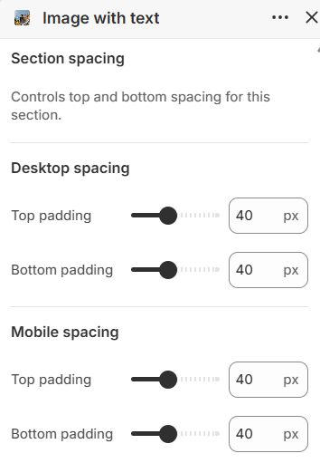 Image with text section spacing settings in the Fragrance Shop Shopify theme editor