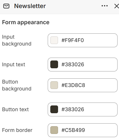 Newsletter color settings in the Fragrance Shop Shopify theme editor