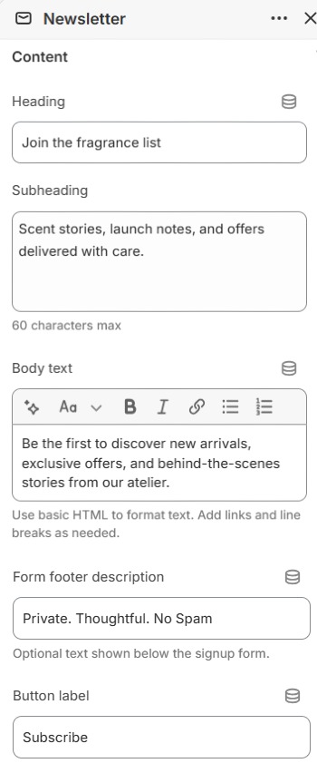 Newsletter content settings in the Fragrance Shop Shopify theme editor