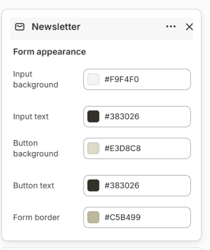 Newsletter form appearance color settings in the Fragrance Shop Shopify theme editor