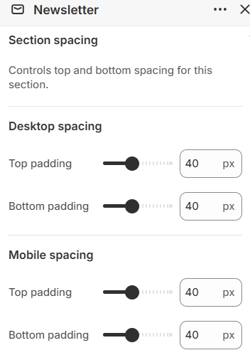Newsletter section spacing settings in the Fragrance Shop Shopify theme editor