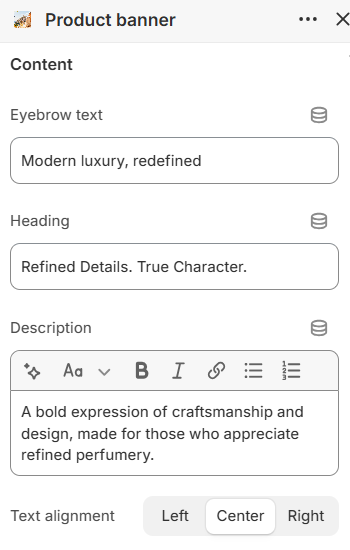 Product banner eyebrow, heading, description, and text alignment settings in the Fragrance Shop Shopify theme editor