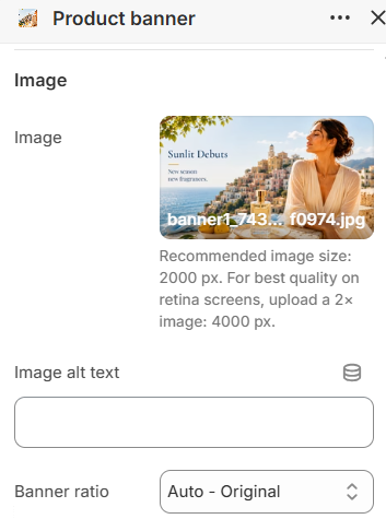 Product banner image and ratio settings in the Fragrance Shop Shopify theme editor