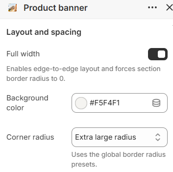 Product banner full width, background color, and corner radius settings in the Fragrance Shop Shopify theme editor