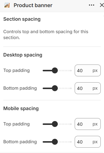Product banner section spacing settings in the Fragrance Shop Shopify theme editor